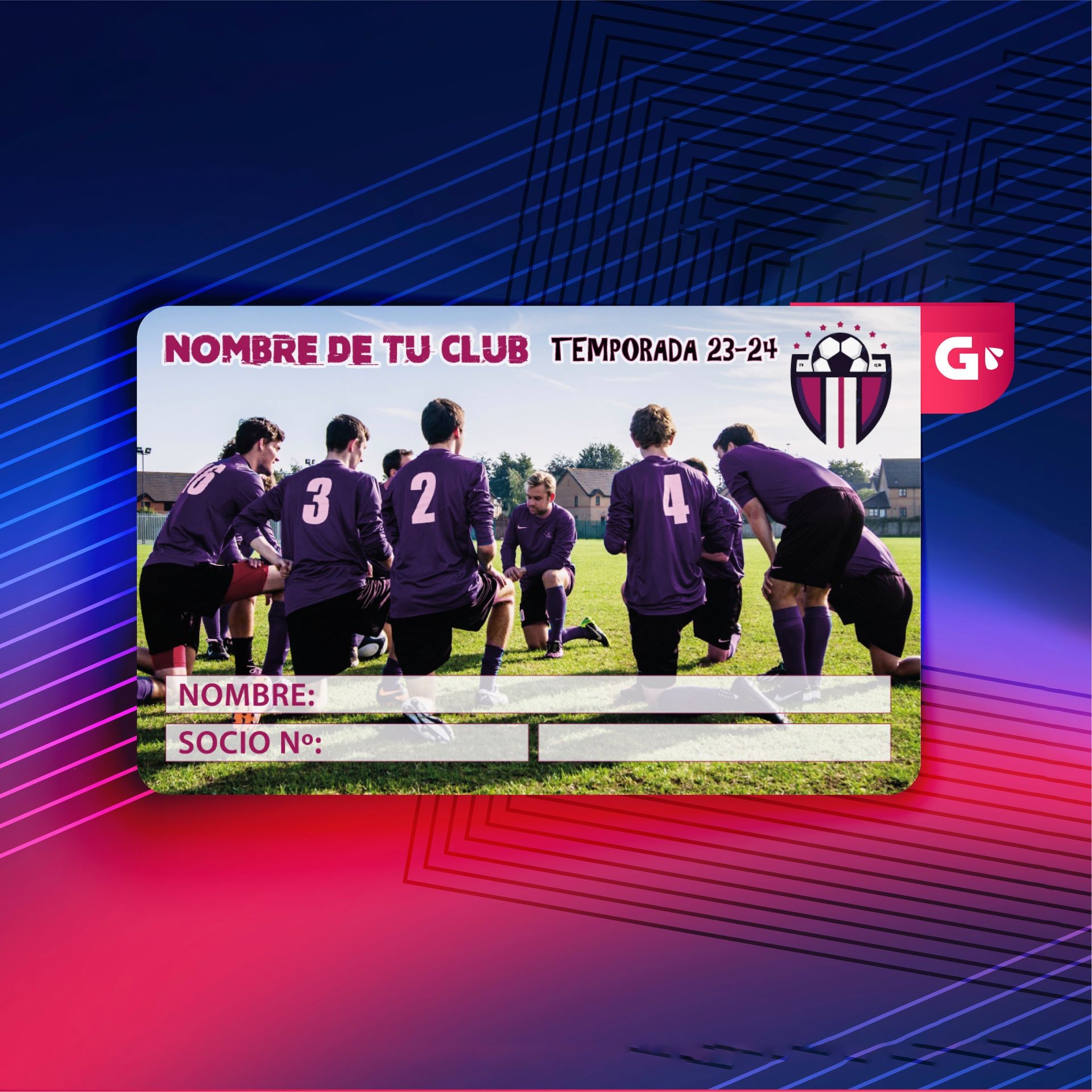 Soccer team in purple jerseys kneeling on field, card with name and member number fields.