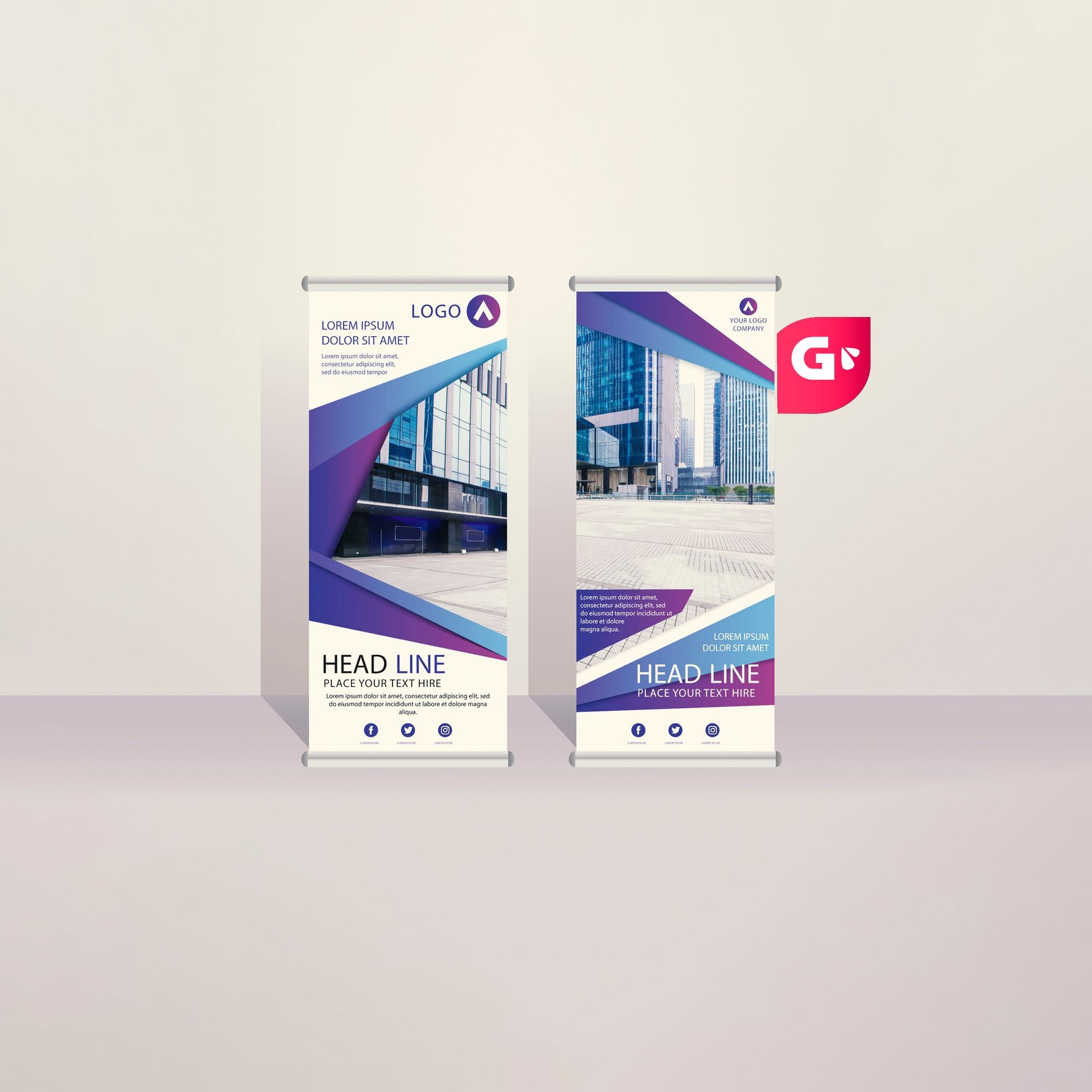 Two vertical banners with geometric designs and placeholder text, featuring images of modern office buildings.